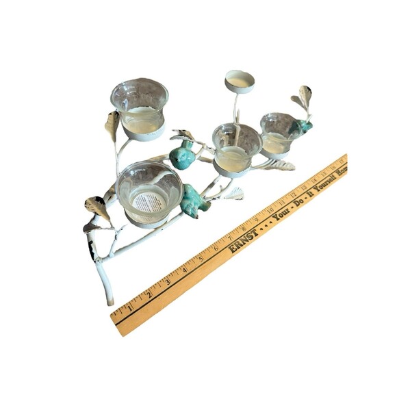Metal Branch Centerpiece Candle Holder Blue Birds White Patina Whimsical Cottage - Picture 8 of 8